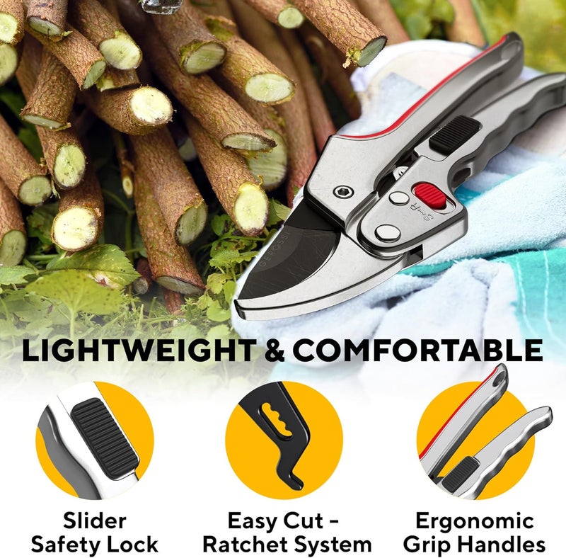 GEROSSI Ratchet Pruning Shears for Gardening Heavy Duty - Increases Cutting Power 3x - Perfect Ratchet Pruners for Weak Hands & Arthritis - 8” Anvil Garden Clippers - Sharp Blade for Effortless Cutting - Red - Image 5